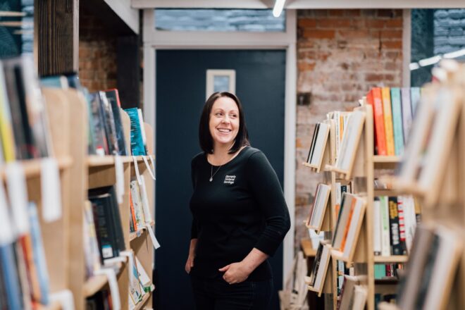 Olyfed employee in downtown bookstore in Olympia